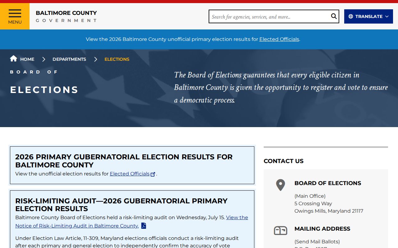 Baltimore County elections services for Milford Mill voter registration