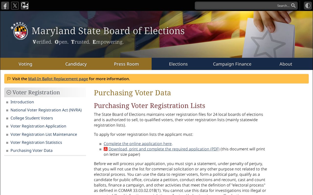 Maryland voter registration data rules for Milford Mill requests